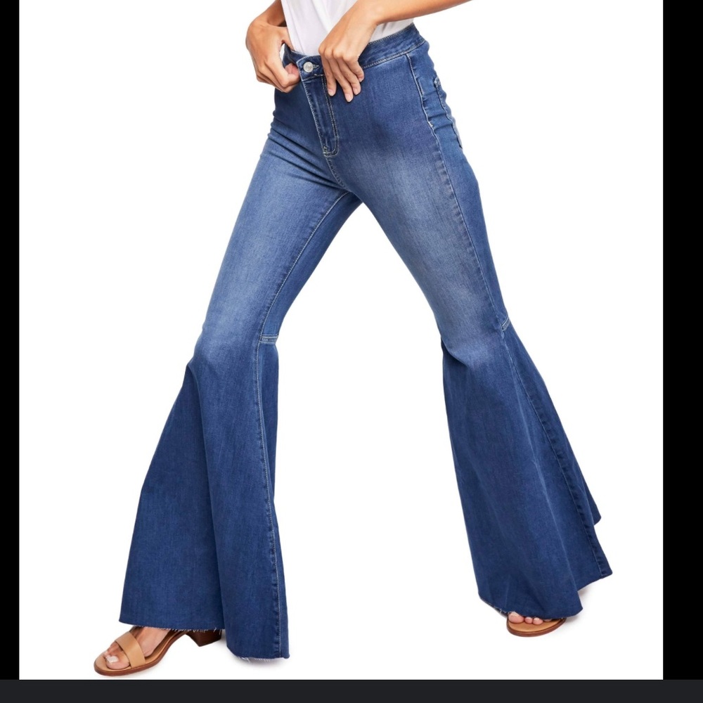 Free People High-Waist Wide Flare Jeans in Medium Blue